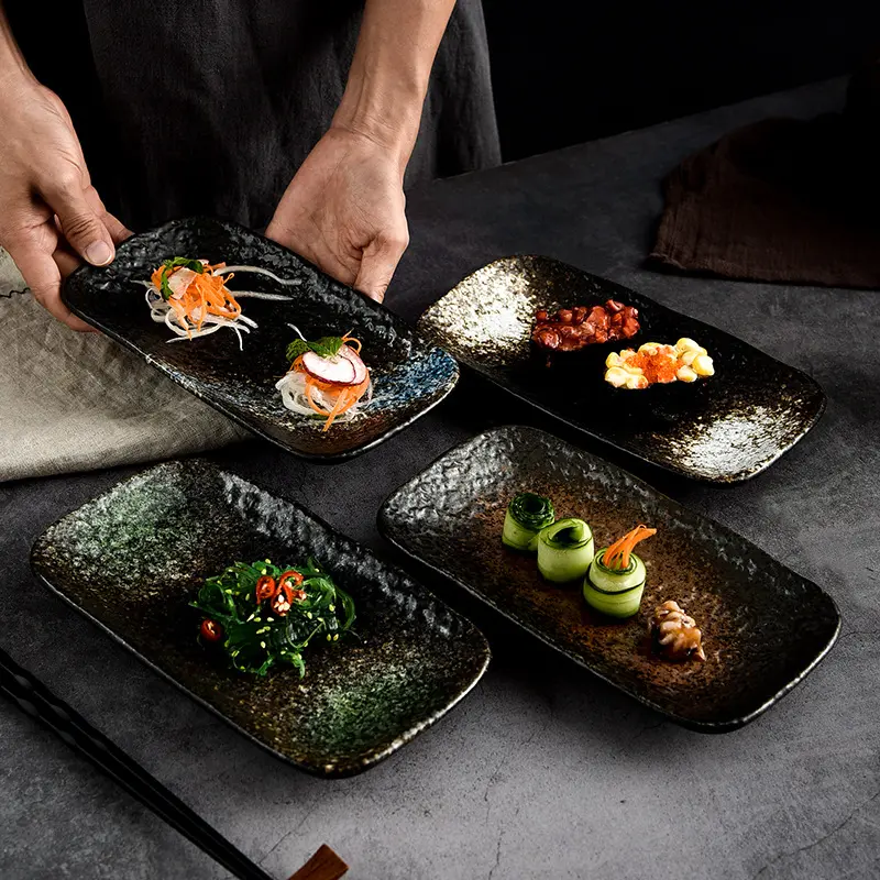 Assiettes en céramique de style japonais, ensemble de vaisselle, plat à sushi rectangulaire de 8 pouces, plateau de service pour salade, dessert