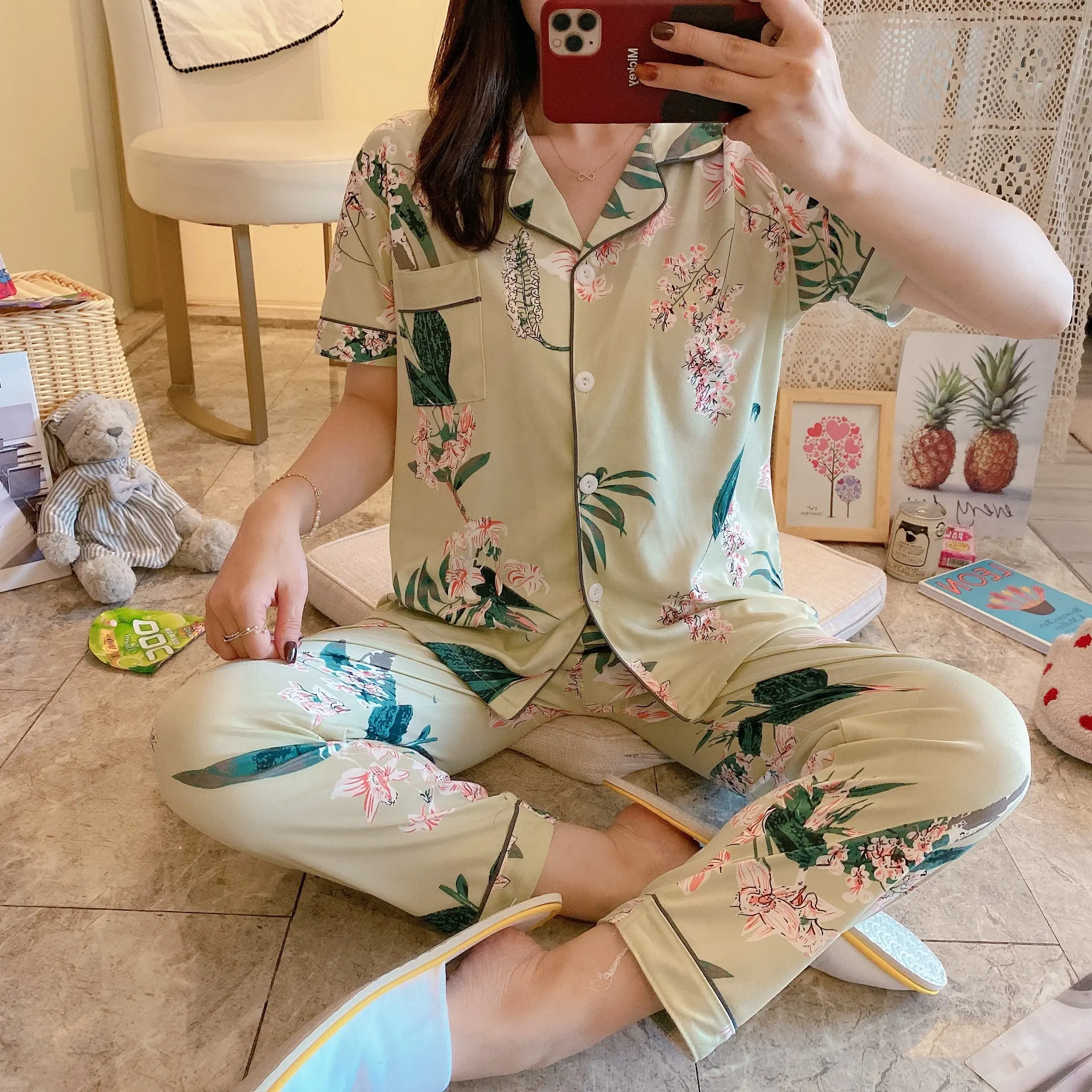 Pijamas de manga corta con estampado floral para mujer, conjunto de dos piezas de seda de leche, ropa de dormir informal coreana con bolsillo