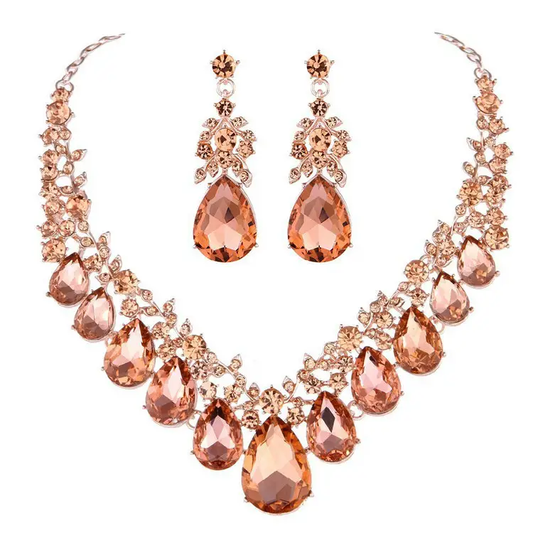 QS High quality exquisite bride necklace earrings set rhinestone gemstone Europe and US style wedding party shining jewelry