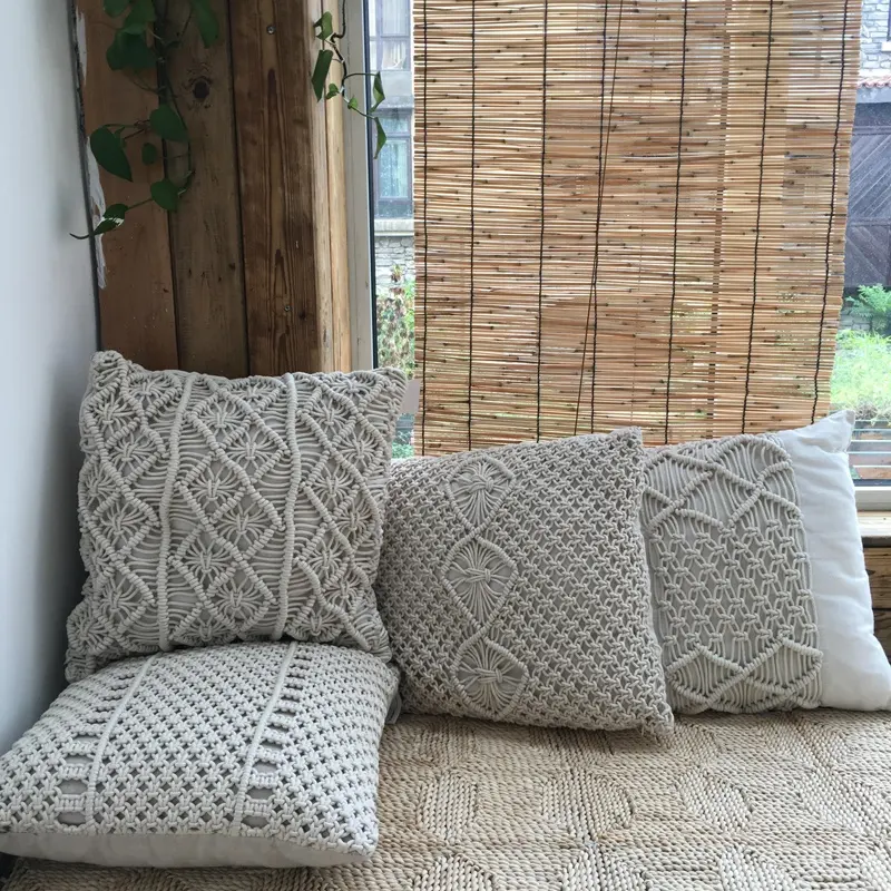 Fundas de cojín de punto para decoración de sofá y patio, tejido a mano, crochet, 100% algodón, bohemio, liso, disponible