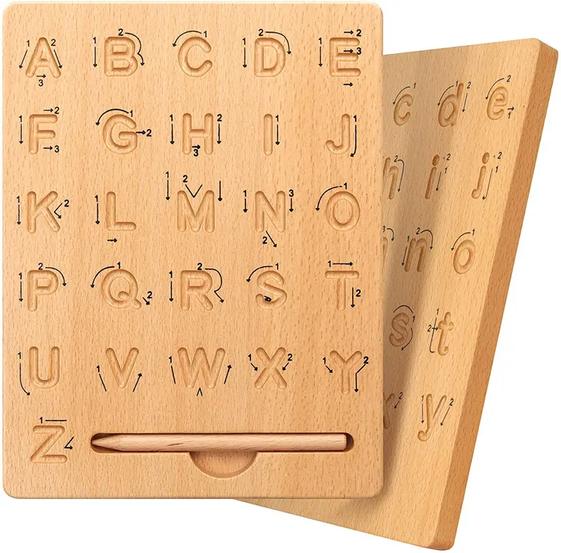 Tablero de trazado del alfabeto de madera para niños, herramienta de trazado del alfabeto doble, montessori, juguetes, letras de madera árabe, tabla de práctica