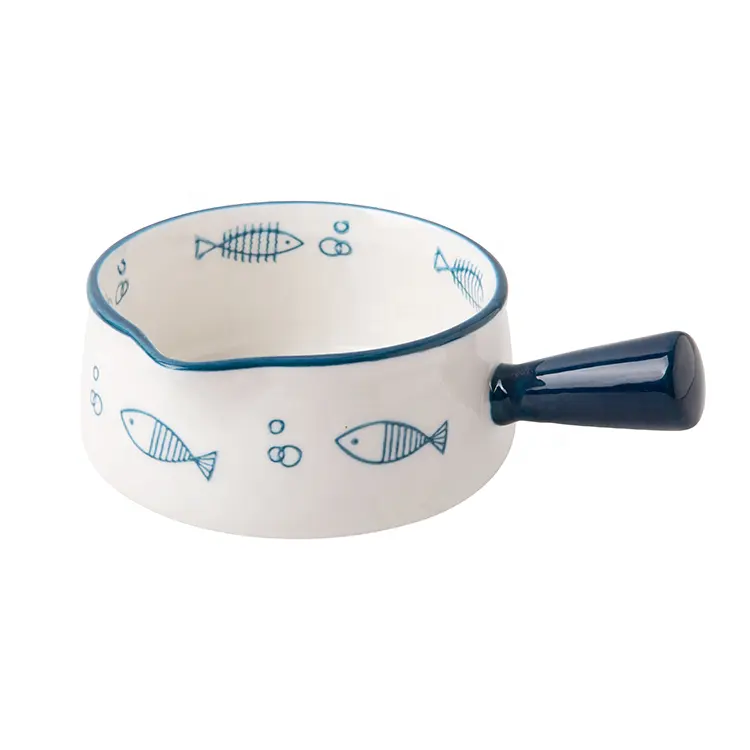 Blue Fish Pattern 400ml Ceramic Handle Bowl With Hand-Painting Craft Theme Restaurant Hotel Home Use