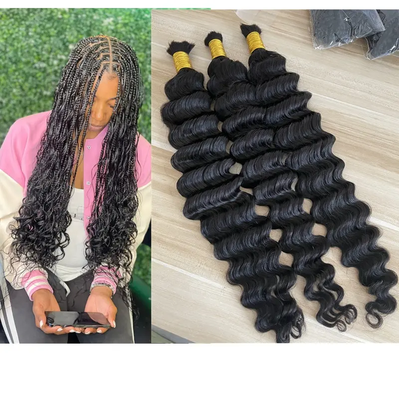 Penteado Deusa Tranças com cabelo humano Onda profunda Tranças Boho Tranças Bohemian Knotless Tranças Pacote de cabelo