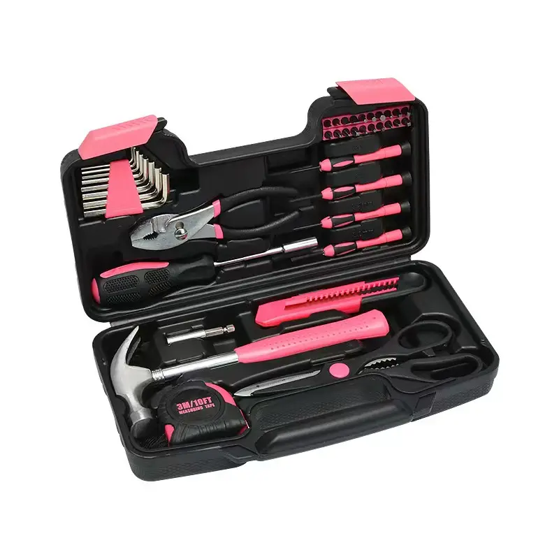 39 pièces trousse à outils pour la maison ensemble général d'outils à main rose avec boîte à outils en plastique mallette de rangement pour la maison, mini trousse à outils