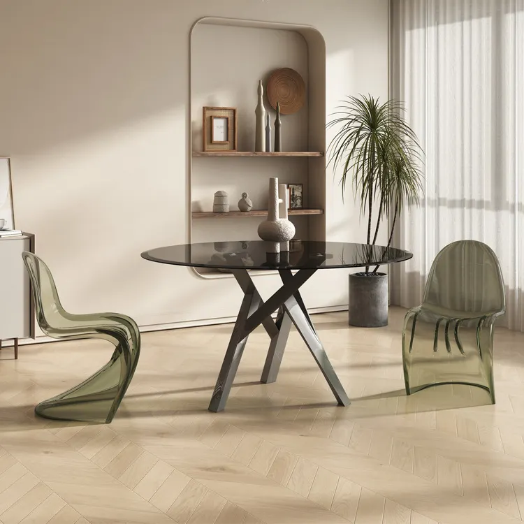 İtalyan temperli cam yuvarlak yemek masası ev basit tasarımcı yuvarlak yemek masası ve sandalye seti gri beyaz