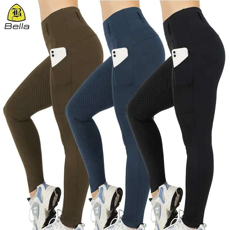 Logo personalizzato di alta qualità a vita alta antiscivolo gamba in silicone pantaloni mediali patch pantaloni da equitazione a compressione da donna