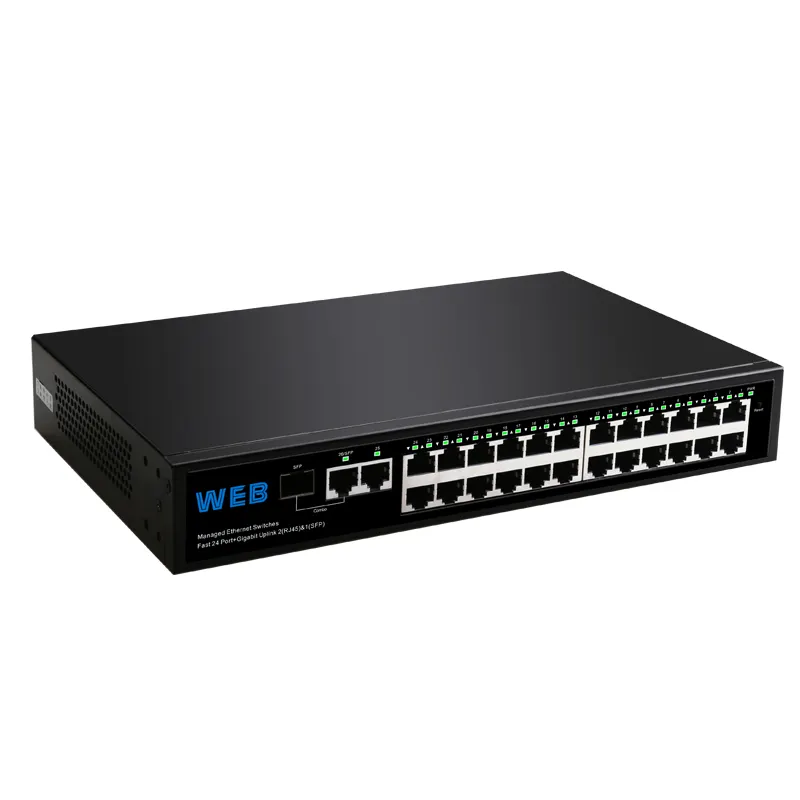 สวิตช์เดสก์ท็อปเครือข่าย Non POE Ethernet พร้อมพอร์ตอัปลิงค์ไฟเบอร์ออฟติกเซินเจิ้น10 100แร็คเว็บที่จัดการพอร์ต24พอร์ต