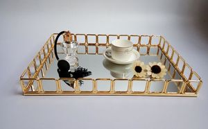 现代金色矩形华丽金属服务镜面托盘与圆形珠宝化妆chrom tablett - Product Image 5