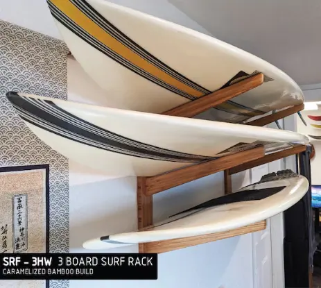 Prateleira de madeira rústica para prancha de surf, prateleira flutuante de madeira para parede, com 3 pranchas, organizador de exibição para prancha de surf