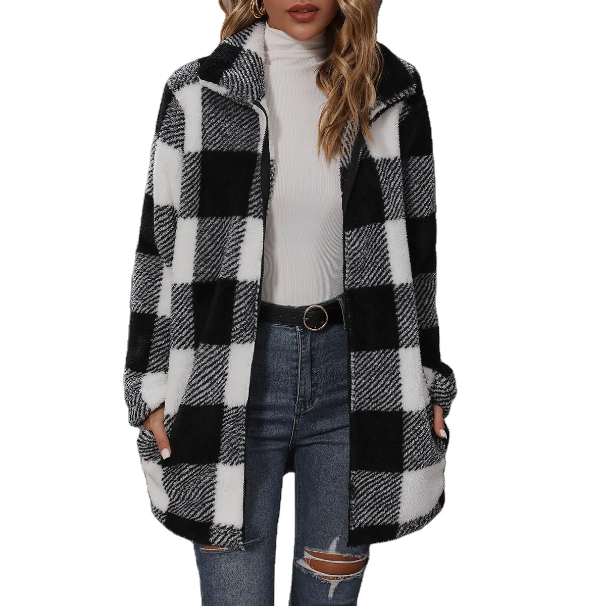 卸売450gチェック柄女性コート高品質フラップポケット厚手の暖かいフリースコートジャケット女性用