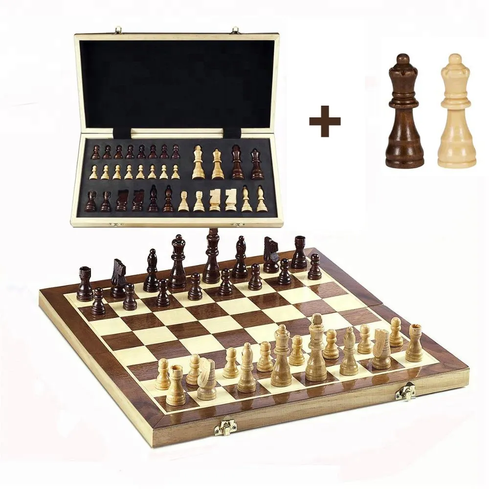 Ensemble de jeu d'échecs feutré magnétique en bois de 15 pouces, rangement intérieur des pièces d'échecs, échiquier pliable 2 reines supplémentaires