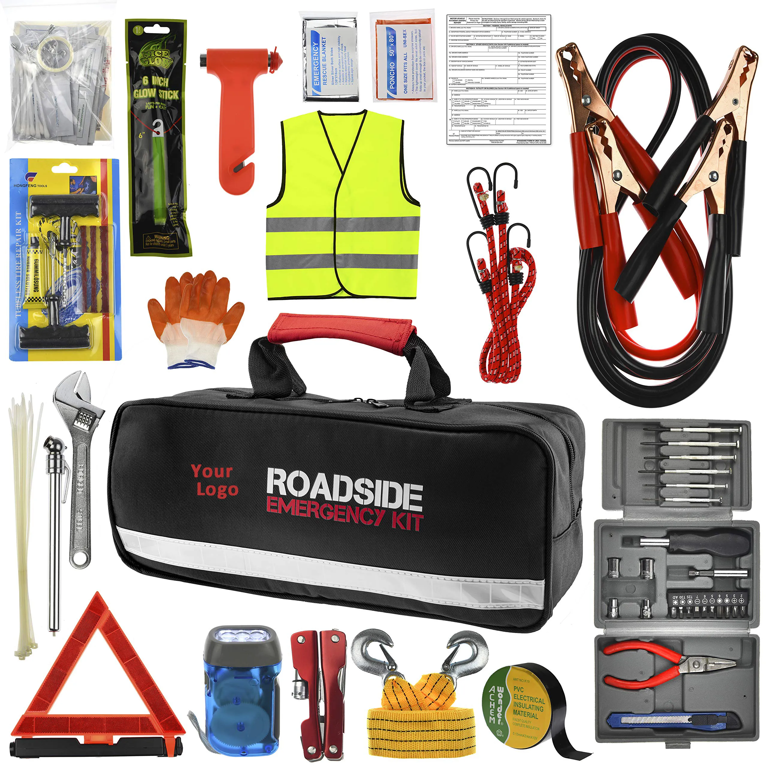 Big sellers Supplier Roadside Car Emergency Tool Kit with Heavy-Duty Jumper Cables for vehicle Black