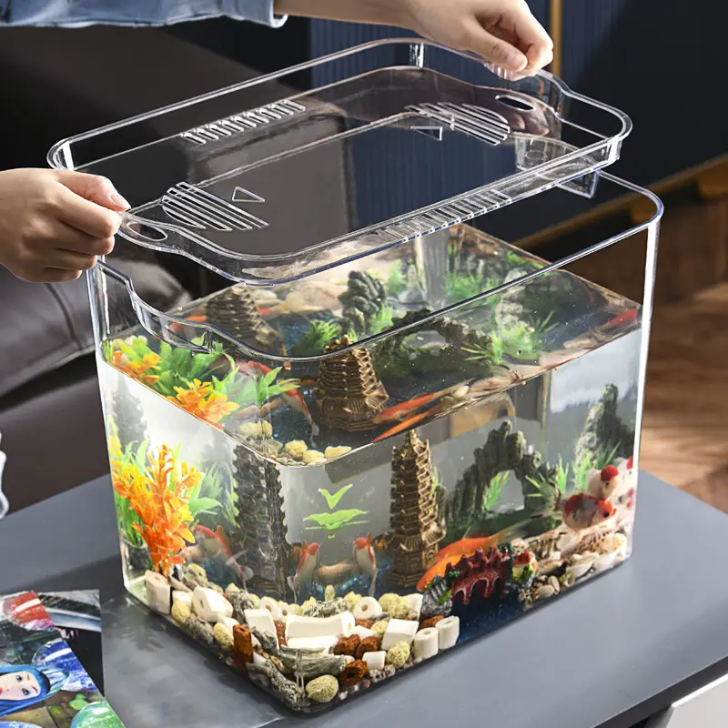 Peces pequeño escritorio autolimpiante acuario reemplazo gratuito único plástico transparente pecera proveedor mini piscicultura perezosa
