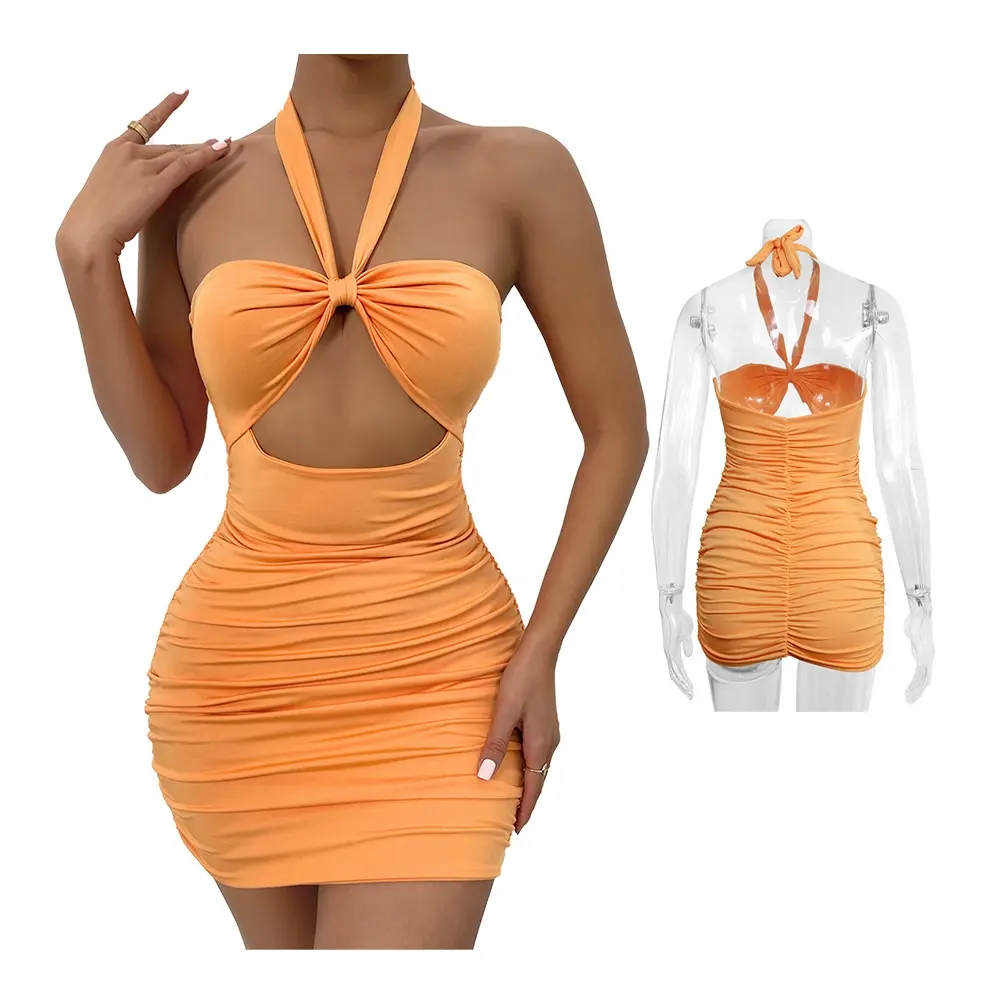 En stock Sexy señoras de las mujeres de busto acanalada recorte Halter vestido Bodycon