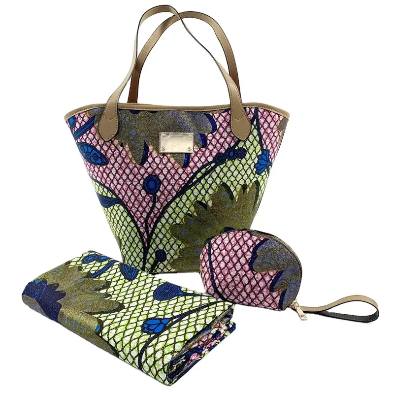 Diseño de Moda nueva bolsa de cera recubierta de brillo africano y tela de cera de algodón multipatrón a juego