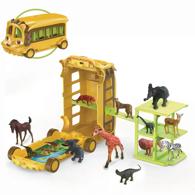 Conjunto de transporte de animais florestais, conjunto de animais de plástico de desenho animado leão carros de animais do jardim zoológico para crianças com 12 peças