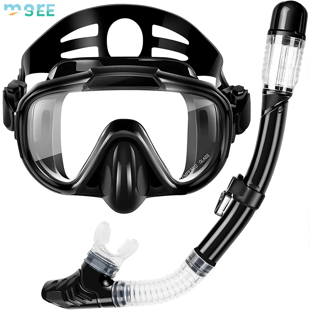 SeeMore Snorkel Set Dry Top Snorkeling Gear Anti-Leak Anti-Fog Tempered Glass Lens Adjustable Diving Snorkel Kit