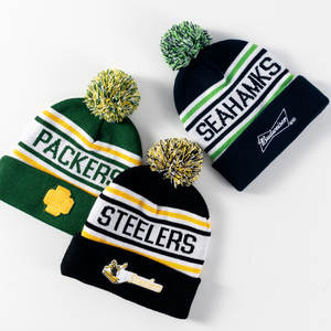 Logo personnalisé vente en gros hiver unisexe équipe sportive tricoté rayure arc-en-ciel pompon brodé Bobble Pom chapeaux bonnets Jacquard - Product Image 2