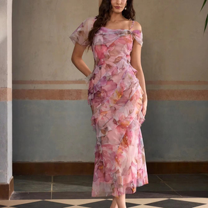 للبيع بالجملة من البوتيك فستان نسائي بطبعة لوتس على شكل ورقة شجر لوتس بطول جانبي للصيف - Product Image 4