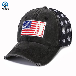 High Quality 6 Panel Outdoor Sport Hat Printed <strong>Flag</strong> of the United States Washed Distressed Cotton Black Pink Fitted Baseball Cap