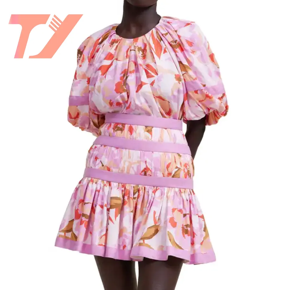 TUOYI vente en gros usine personnalisé col rond jolies manches bouffantes imprimé robe plissée a-ligne mode femmes mini robes de dame à fleurs