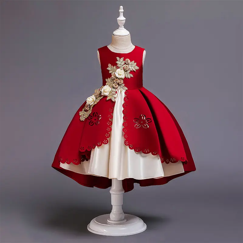 Vestidos elegantes para meninas, vestidos de princesa tutu com estampa de flores vermelhas e fantasias para crianças