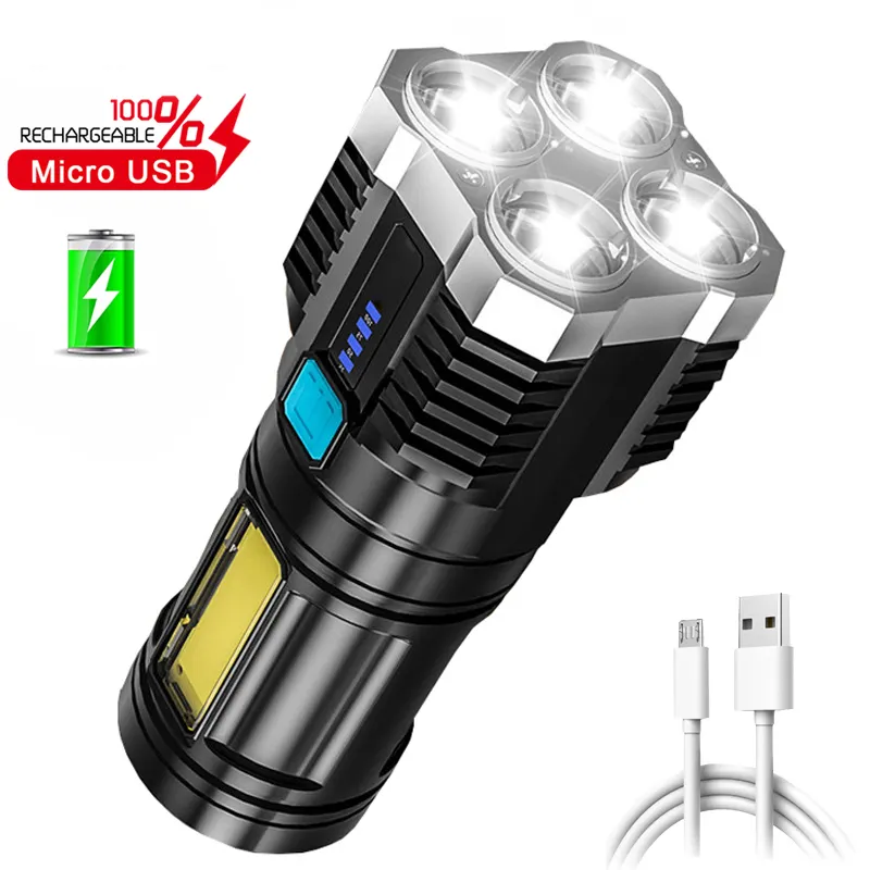 Đèn Chiếu Sáng Tầm Xa 4 Led Usb Chống Nước Sạc Được Đèn Pin Led Sáng Mạnh Có Màn Hình Pin Đèn Bên Cob