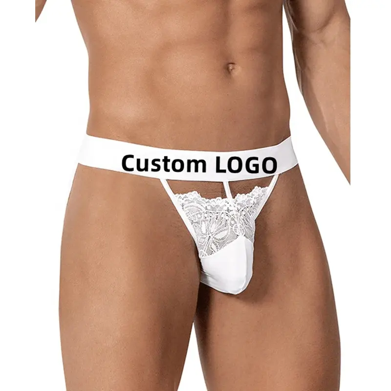 Ropa interior Sexy Gay para hombre, calzoncillos blancos de encaje transparente con lazo y trasero abierto, suspensorio, Bikini, 2020