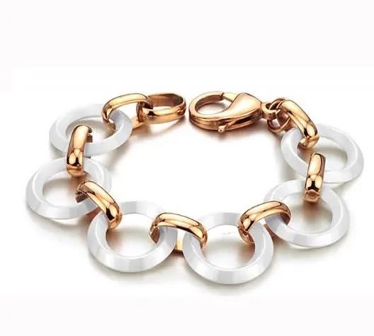 Anelli in ceramica bianca e anelli in metallo oro rosa bracciale fatto a mano collegato bracciale a catena a maglie in acciaio inossidabile in ceramica di moda