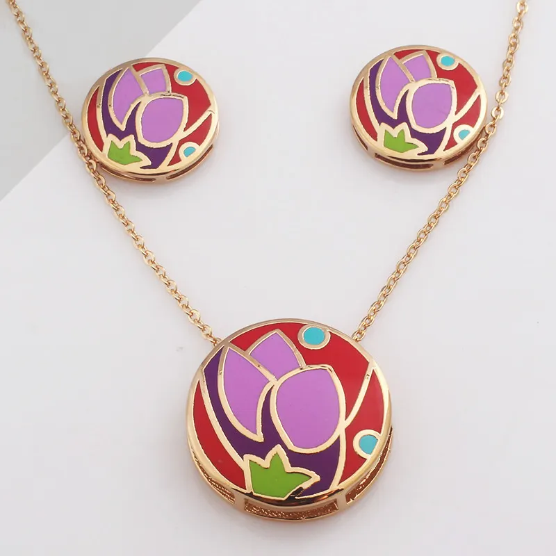 Copper Gold Jewelry Design Necklace Earrings Set Colorful Art Jewelry Custom Enamel Gold Pendant Necklace Earrings Set For Women