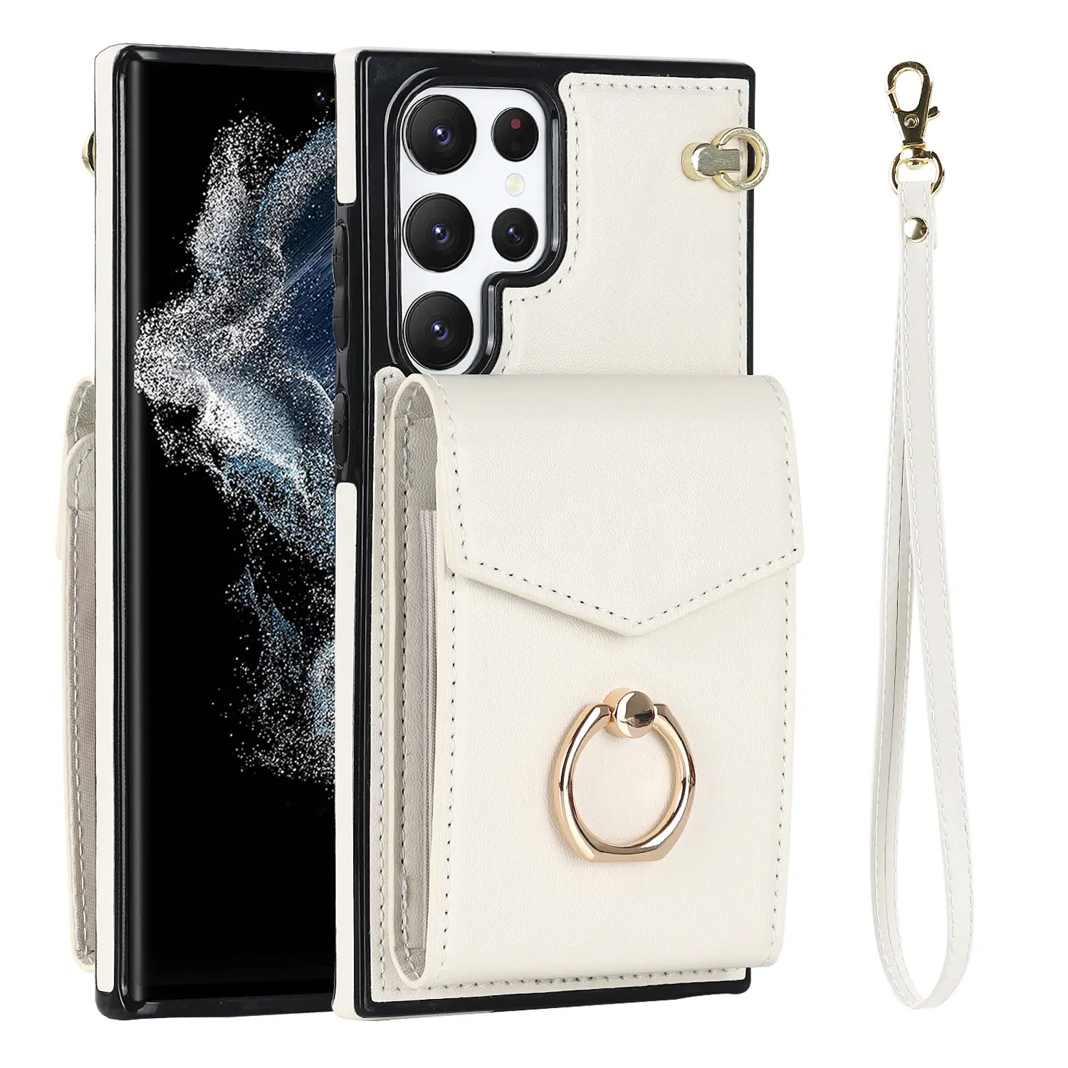 Desain baru dompet kartu kulit cincin pemegang untuk Samsung Galaxy S24 S23 S22 Ultra Kasus Lanyard fungsi indah casing ponsel
