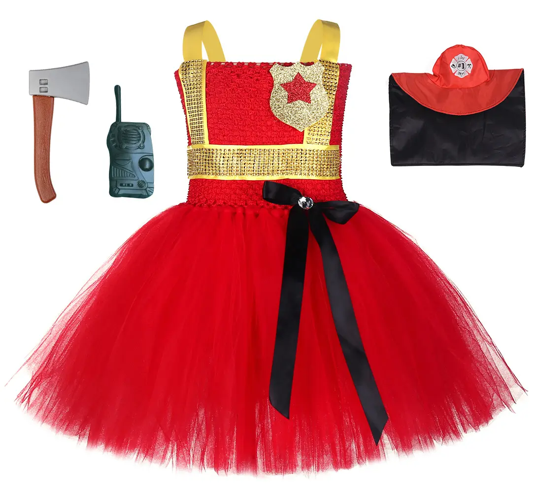 Costume Cosplay pompiere per bambini uniforme da pompiere abiti da carnevale abbigliamento da lavoro ragazze carnevale Halloween Cosplay Tutu Dress