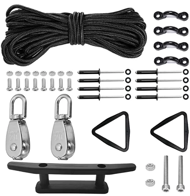 Kit de carro de anclaje para Kayak, sistema de poleas, ganchos de amarre para cubierta, tacos de anclaje de ojos, tornillos de anillo, remaches y Cuerda de 30 pies