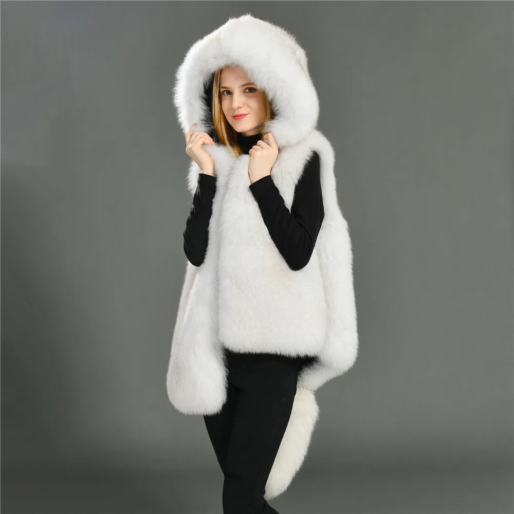 Phổ Biến Phụ Nữ Outwear Bán Buôn Thời Trang Với Dễ Thương Đuôi Mùa Đông Ấm Của Phụ Nữ Thực Sự Trùm Đầu Fox Fur Vest