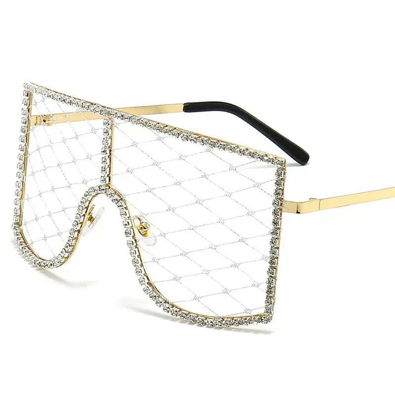 Gafas de diseño de malla de encaje, lentes integradas de montura grande con gafas con incrustaciones de diamantes