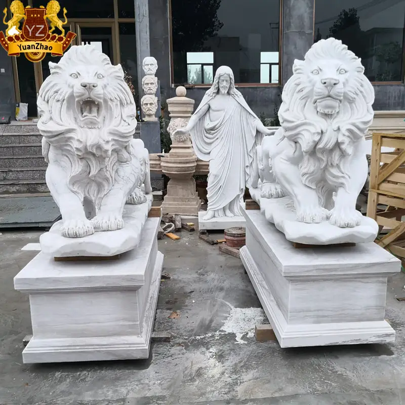 garden stone products Hand Carved white marble Life Size white marble Lion Statues