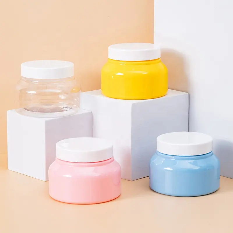 Conteneurs d'emballage pour cosmétiques en PET, 8oz, 250ml, en Stock, rose clair, bleu, jaune, pour gommage du beurre corporel, pot de cosmétique en plastique