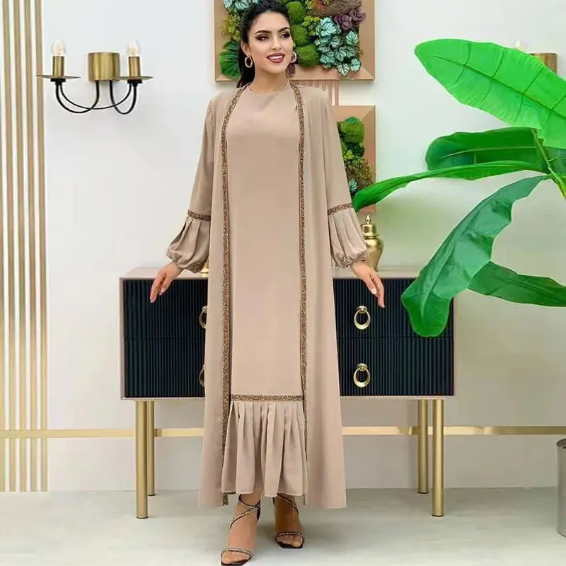 Últimos diseños de abaya Dubai islámico modesto mujeres musulmanas organza brillante abaya abierta con conjunto de vestido interior Slip