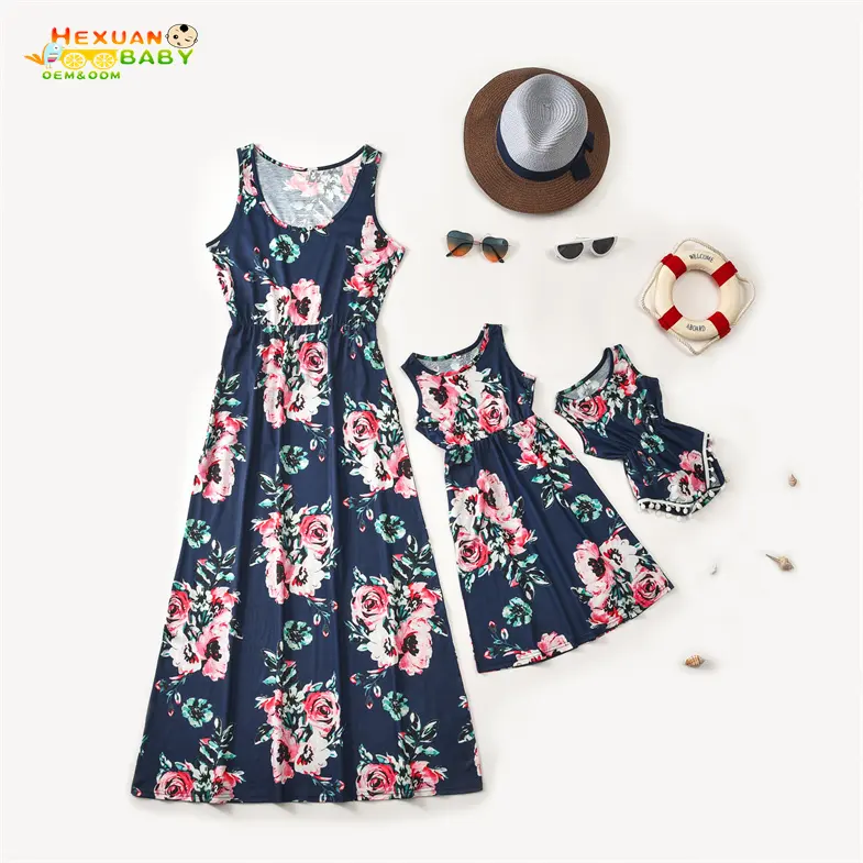 Summer Family Floral Printed Matching 3-Piece Sets Clothing Outfits clothes Mother and Daughter Girls Babies Romper Sleeveless D