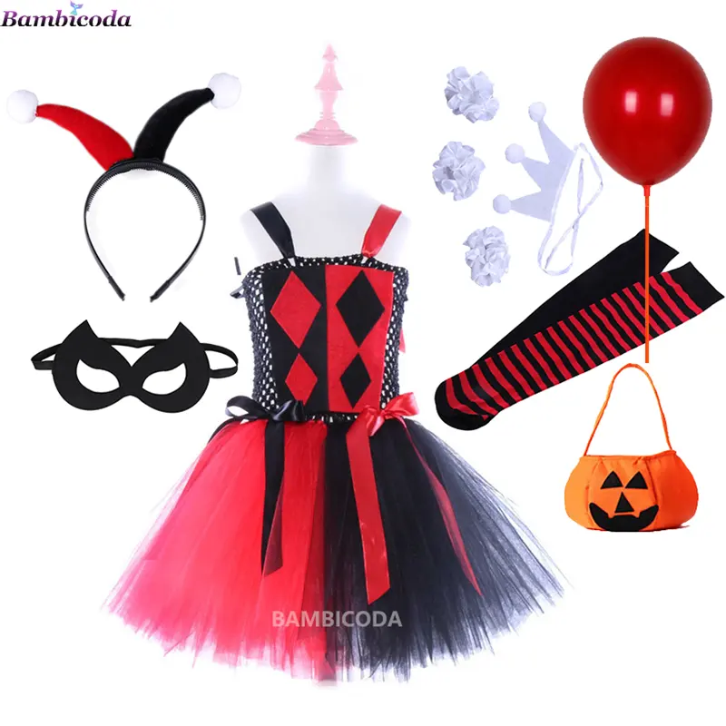 Disfraz de payaso Joker para niñas, Cruella De Vil, Halloween, villano, fantasía, Cosplay, punto, vestido elegante, cumpleaños, vestido de tutú para niños