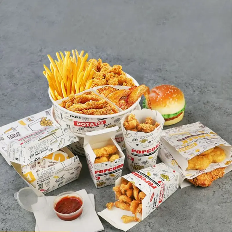 Caja de embalaje ecológica para hamburguesas y pollo frito, juegos de cajas para llevar comida rápida