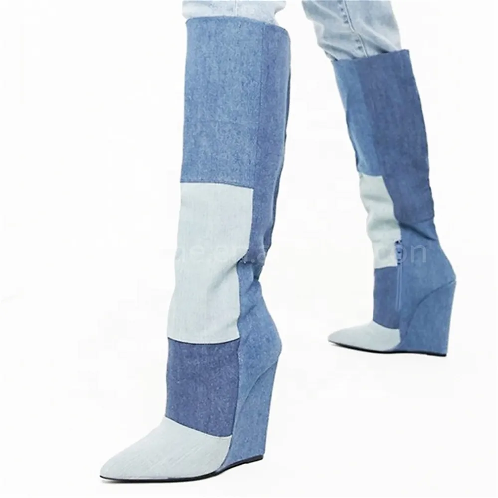 ZHEZHE Design Plus Size Salto Alto Sapatos de Moda Feminina Mulheres Longo Denim Jean Botas Na Altura Do Joelho Botas das Mulheres
