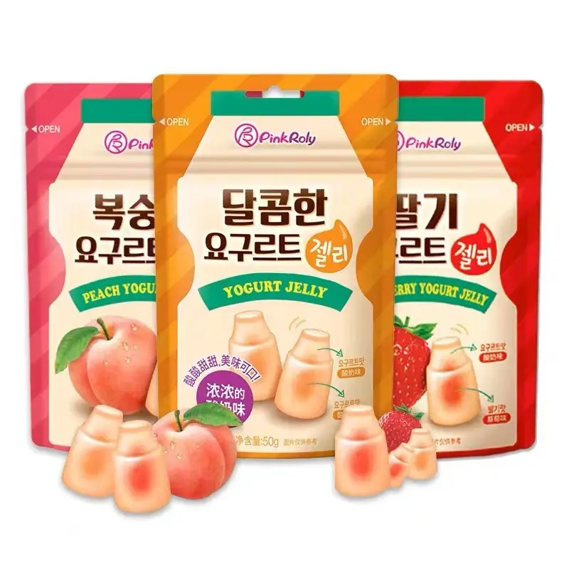 Корейская закуска, конфеты, фруктовый сок, желе, конфеты 50 г, йогурт, клубника, белый персиковый вкус, наполнение мастикой
