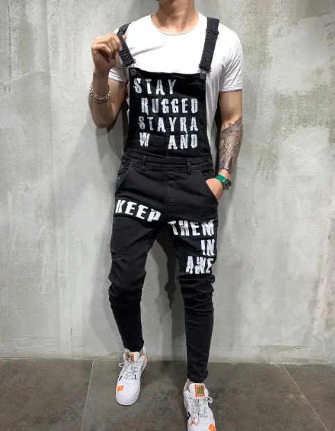 2023 abbigliamento uomo distressed letter print fori rotti jeans denim uomo lavati pantaloni dungrees