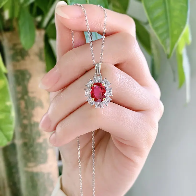 Горячая Распродажа 925 ювелирные изделия из стерлингового серебра 7*9 мм Овальный 5A CZ кулон ожерелье Halo бриллиант рубиновое ожерелье для женщин