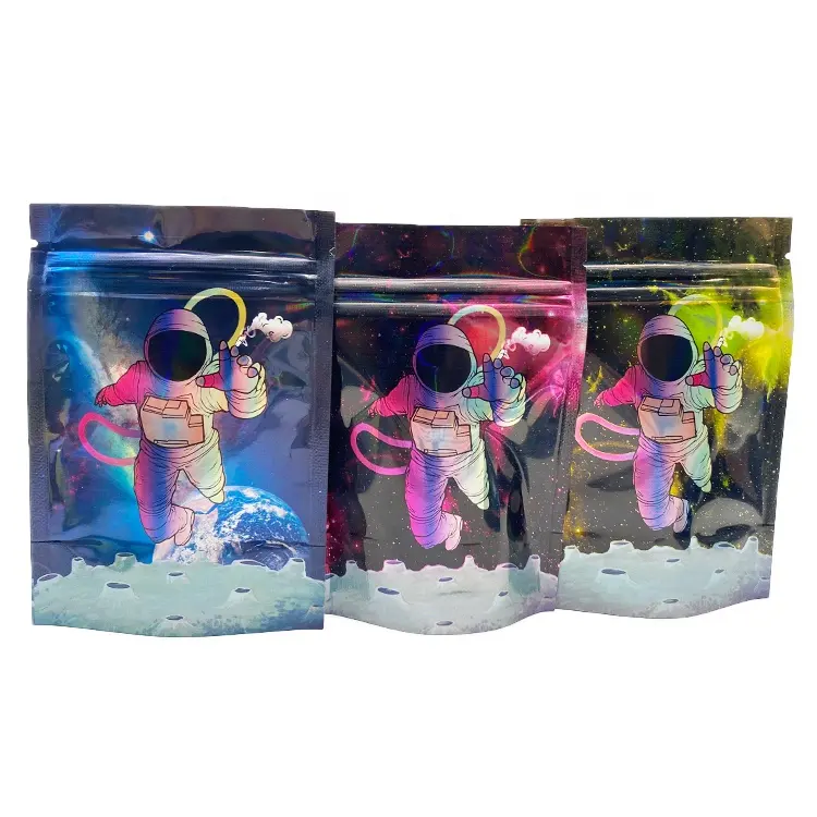 Tùy chỉnh mùi bằng chứng nhôm 5*7inch Mylar Túi Holographic in Dây Kéo Túi phân hủy sinh học đứng bao bì thực phẩm túi nhựa