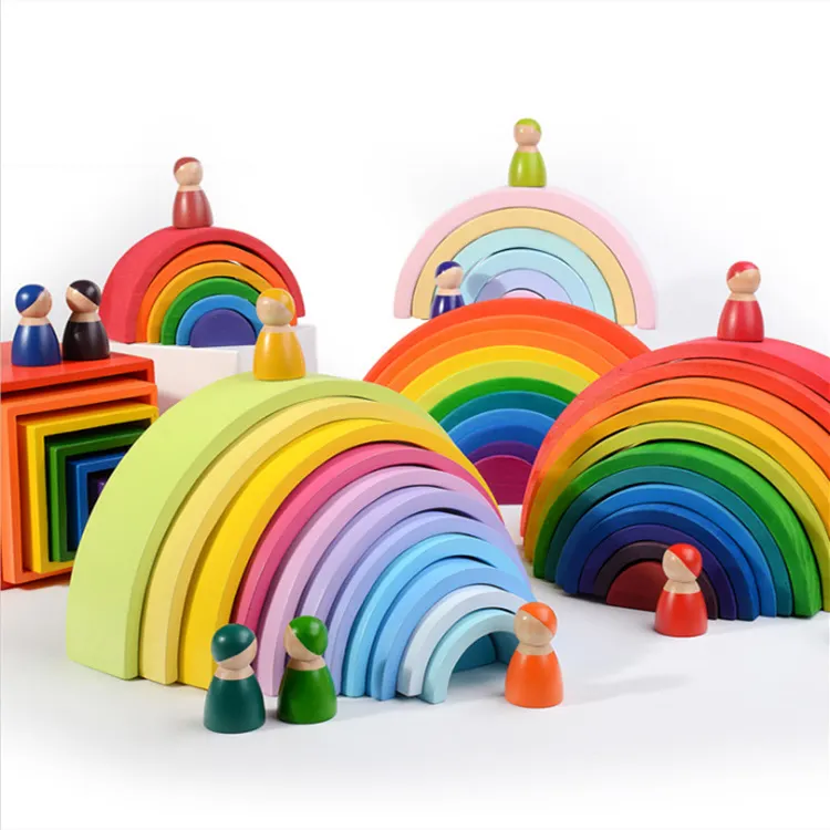 Blocs en bois colorés pour enfants, jouets éducatifs en bois arc-en-ciel, blocs de construction, empileur, blocs de Puzzle