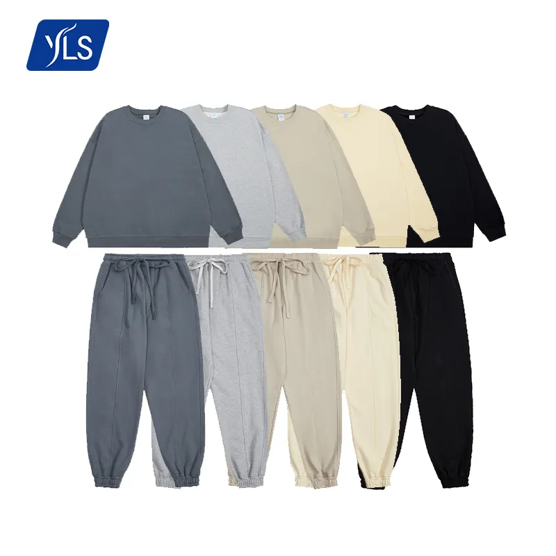 YLS卸売トラックスーツカスタムロゴ460gsmストリートウェアカジュアルフレンチテリープレーンスウェットシャツとスウェットパンツ男性服セット
