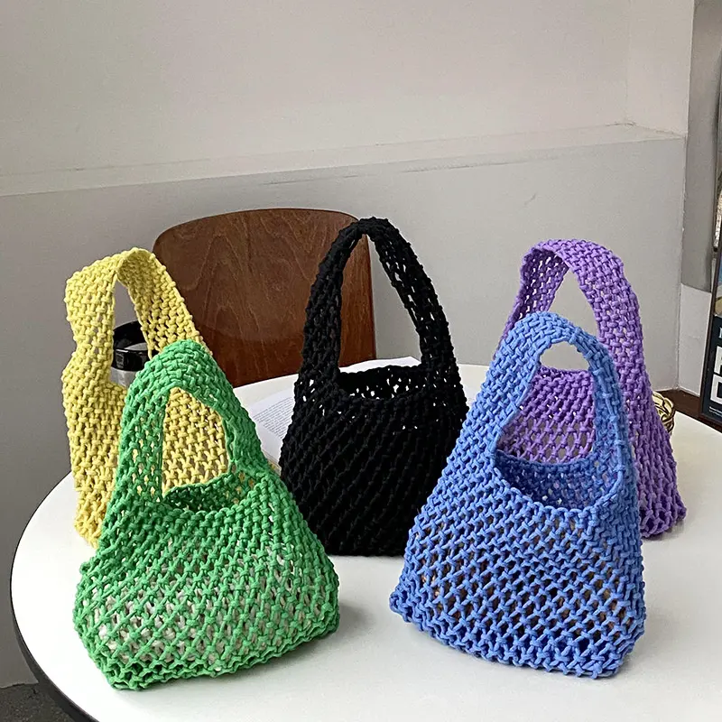 New simple portable tote bag cotton rope woven bag female hollow mini purse for women