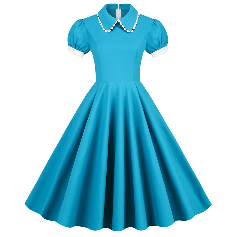2023 Vintage 50s 60s bleu col claudine balançoire robe mi-longue avec poche été coton tunique une ligne robes robe d'été SR225